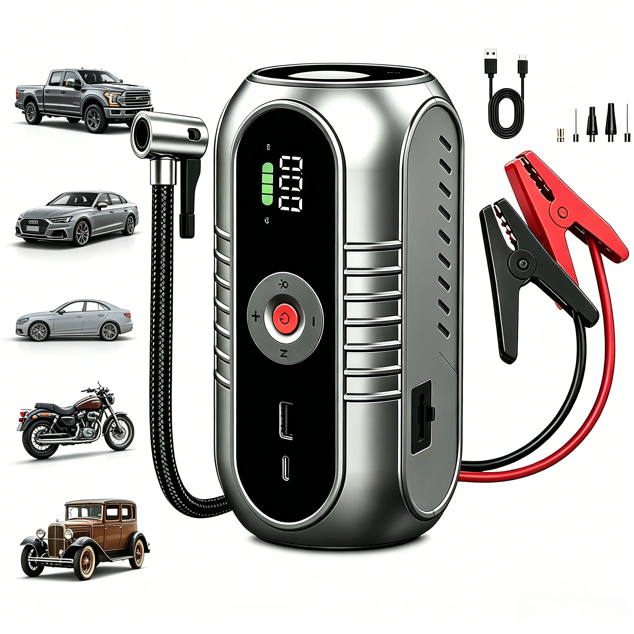 【BRAWHOOHE】5-in-1 Portable Car Battery Jump Starter , Battery Boost, USB I/O, Reliable Power, Roadside/Vehicle Emergency Tools  Portable Wireless Car Jump Starter Battery Jump Starter Portable