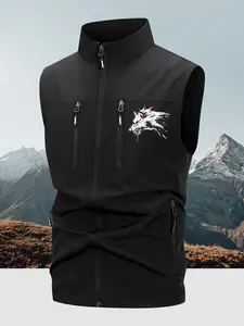 Men's Fashion Vest, Workwear Style Vest, Spring & Fall Outdoor Casual Multi-Pocket Stand Collar, Wolf Head Pattern, Lightweight Layered Outerwear
