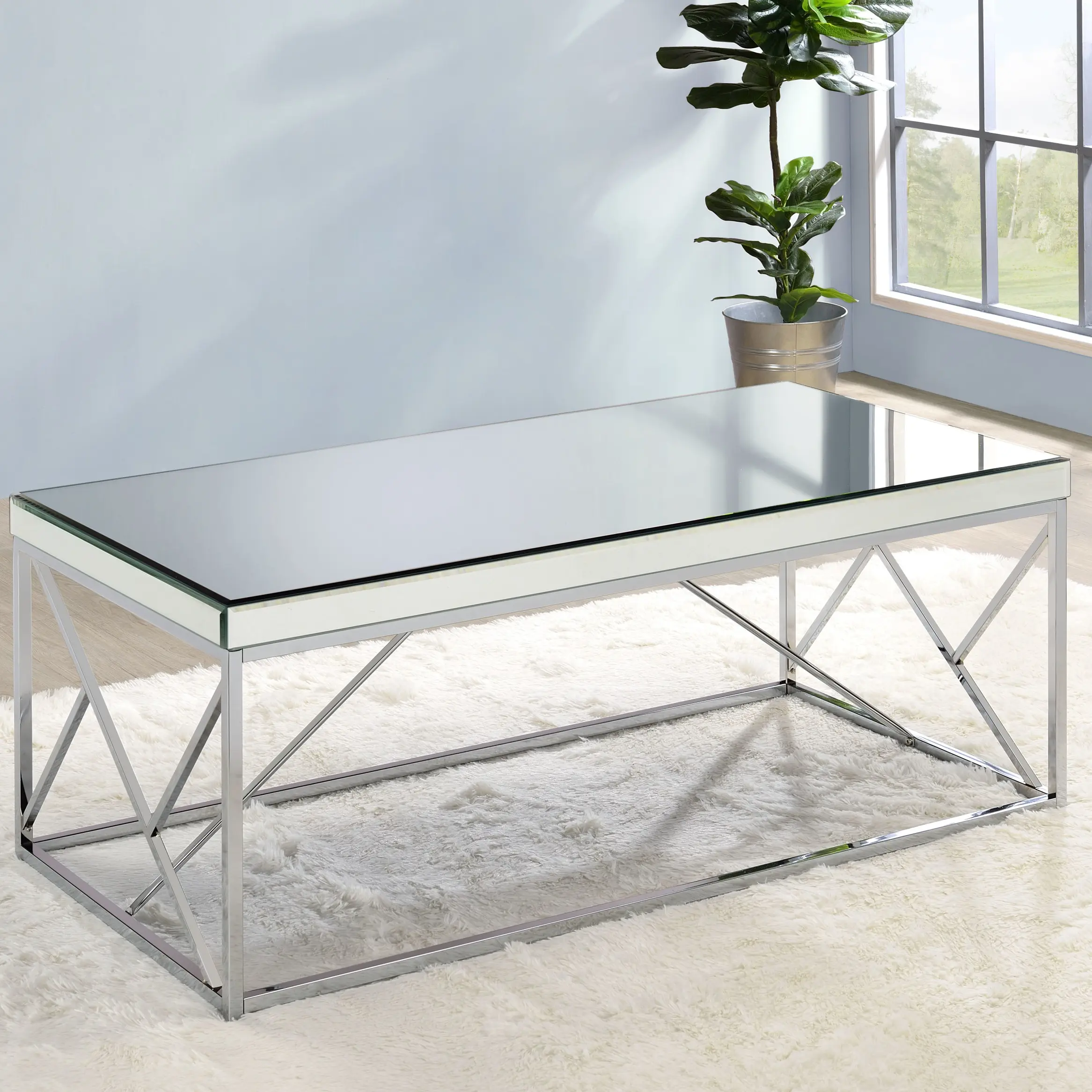 SALE - Evelyn Mirrored Top Coffee Table with Apron Rail for Modern Home Decor 47.25"W x 24"D x 20"H Durable Stylish Design Chrome Finish