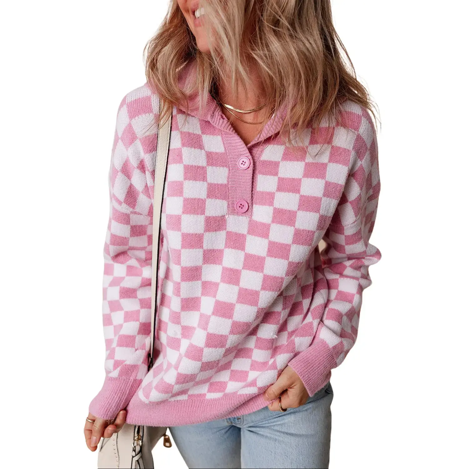 Pink Checkered Buttons Collar V Neck Drop Shoulder Sweater Pullover Womenswear Sweatshirts Long Sleeve