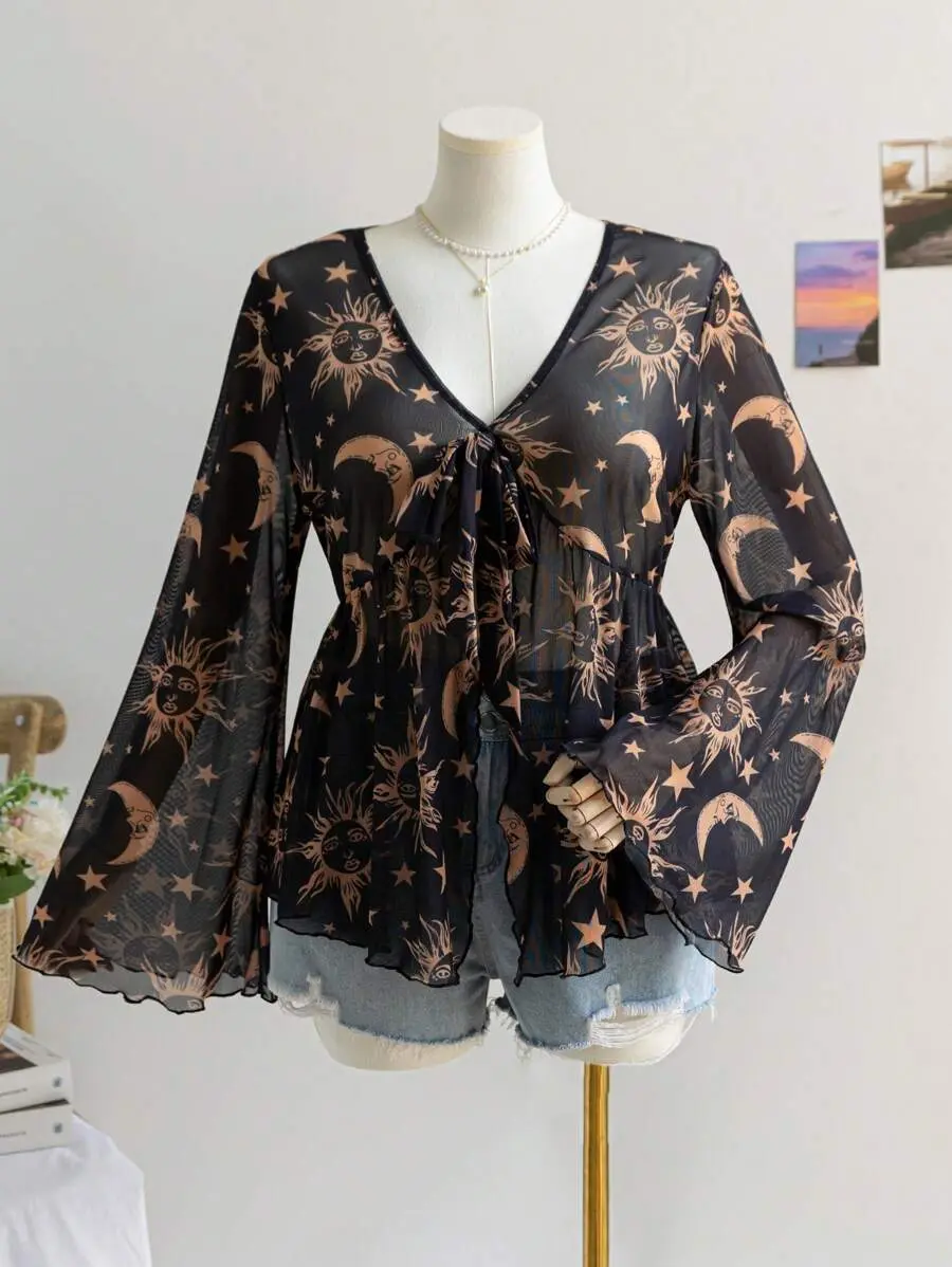 Kallé x Soleia Plus Size Boho Fairy Sexy Women's Summer Holiday Wedding Guest Vaction V Neck Black And Gold Long Sleeve Babydoll Top Sun Moon Star Pattern Christmas