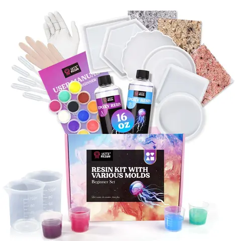 LET'S RESIN 16oz Organic Epoxy Resin Coaster Making Kit - 1 Set Geometric DIY Kits for Beginners, Craft Supplies for Adults, Includes Silicone Molds, Mica Powder, Ideal for Boutique Coastal Handmade Crafts, Personalized Holiday Gifts