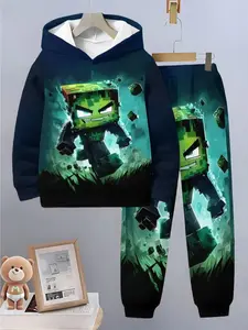 Boys' Fashion Plaid Long Sleeve Pullover Sweater Set, 3D Print Casual for Spring & Fall, Ages 5+, Outdoor Wear, Hoodies