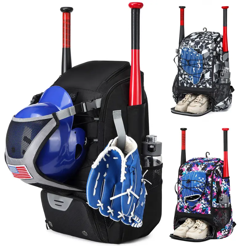 Unisex Youth Athletic Performance Baseball Backpack - Lightweight Nylon Hiking Gear Bag, 29L (21*14*9 inches), Fence Hook, Large Zippered Helmet Main Compartment, Separate Shoe Pocket, Mesh Bottle Slots, Withstands Practice, Tournaments, Night Games