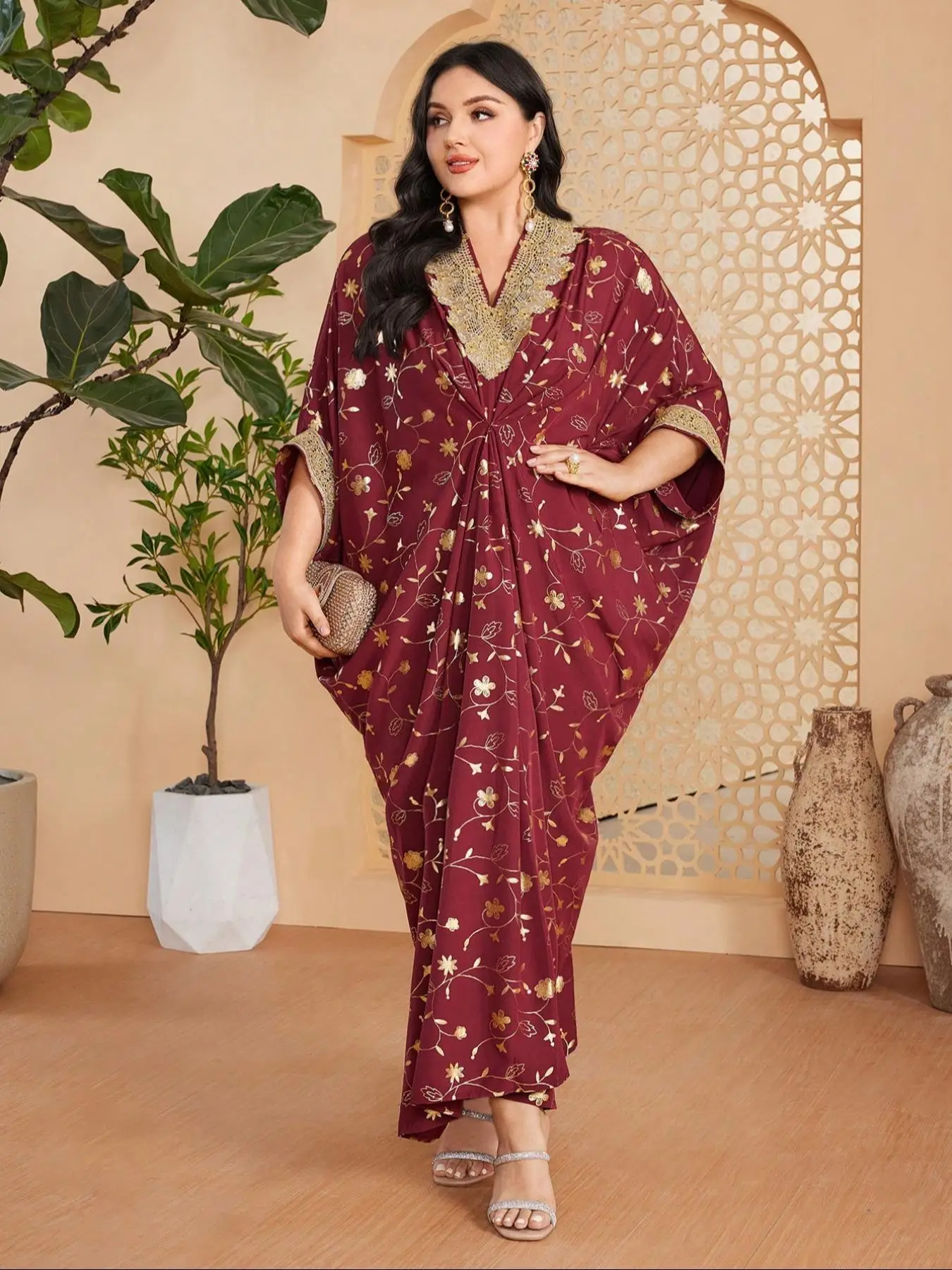 Plus Size Floral Print Batwing Sleeve Shawl Collar Dress, Elegant Long Sleeve Open Front Dress for Party Holiday Wedding Guest, Women's Islamic Clothi