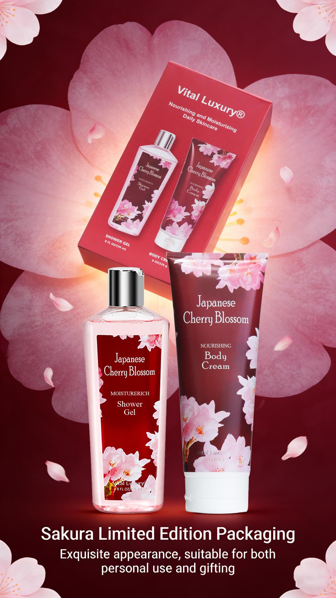 Vital Luxury Cherry Blossom Scented Bath Travel Set | 3oz Body Lotion, 3oz Body Mist | Rich Lather, All-Day Freshness, Moisturizing & Revitalizing | Ideal Gift for Mom, Wife, Sister & Girlfriend! Moisturize