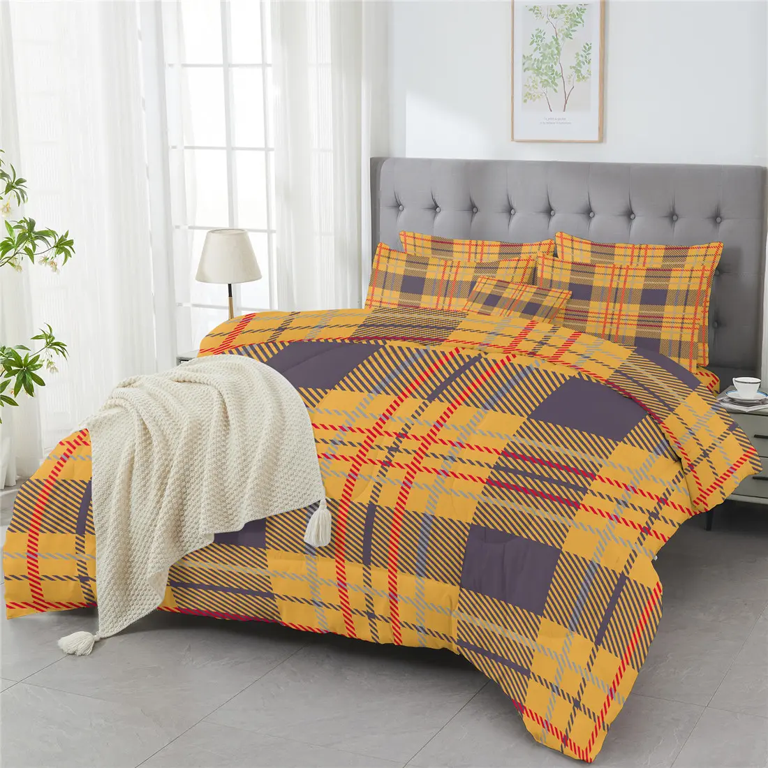 3 Piece Comforter Set Soft Retro Mustard Yellow Checked Plaid Geometric Printed All Season Bedding Set For Room Decor With 1 Comforter And 2 Pillowcases