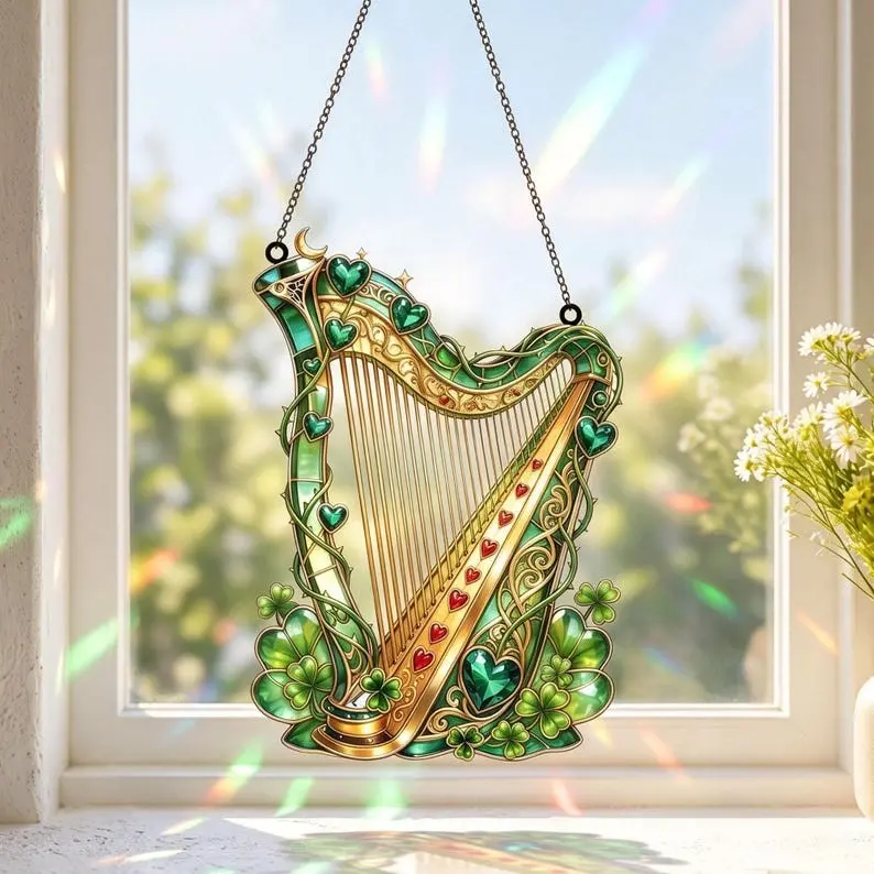 Celtic Stained Glass Irish Harp Suncatcher Shamrock Window Hanging Decor, Emerald Green Acrylic Heart Rainbow Maker Ornament, Lucky St Patricks Day Blessings Home Decor Gift