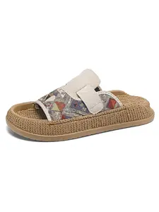 Ethnic style jacquard slippers, summer outer wear imitation linen edge anti slip thick shoes, men's casual slippers
