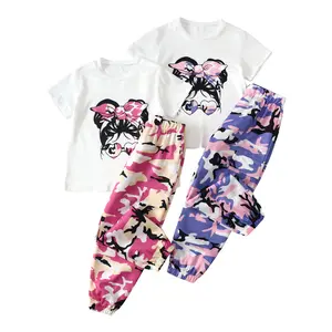 4-piece girls' summer dance leisure children's suit girls' pattern printed short-sleeved shirt and jogging pants suit