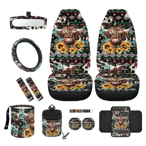Highland Cow Western Car Accessories Set, Tribal Sunflower Car Seat Covers with Steering Wheel Cover, Seat Belt Pads & Car Organizer, Trendy Cute Car Interior Decor for Women and Man, Universal Fit Auto Set, Aesthetic Cow Print Gift