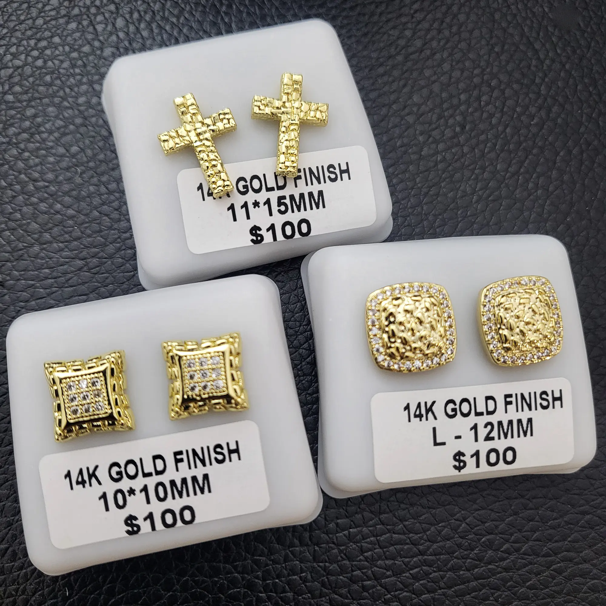 MaxBling81 AAA+ CZ 14K Solid Gold-Plated High-End Brass Nugget Stud Earrings, Square/Kite/Cross Styles, Unisex for Women’s & Men’s Earrings, Ideal for Daily Wear & Birthday Gifting, Earring For Women
