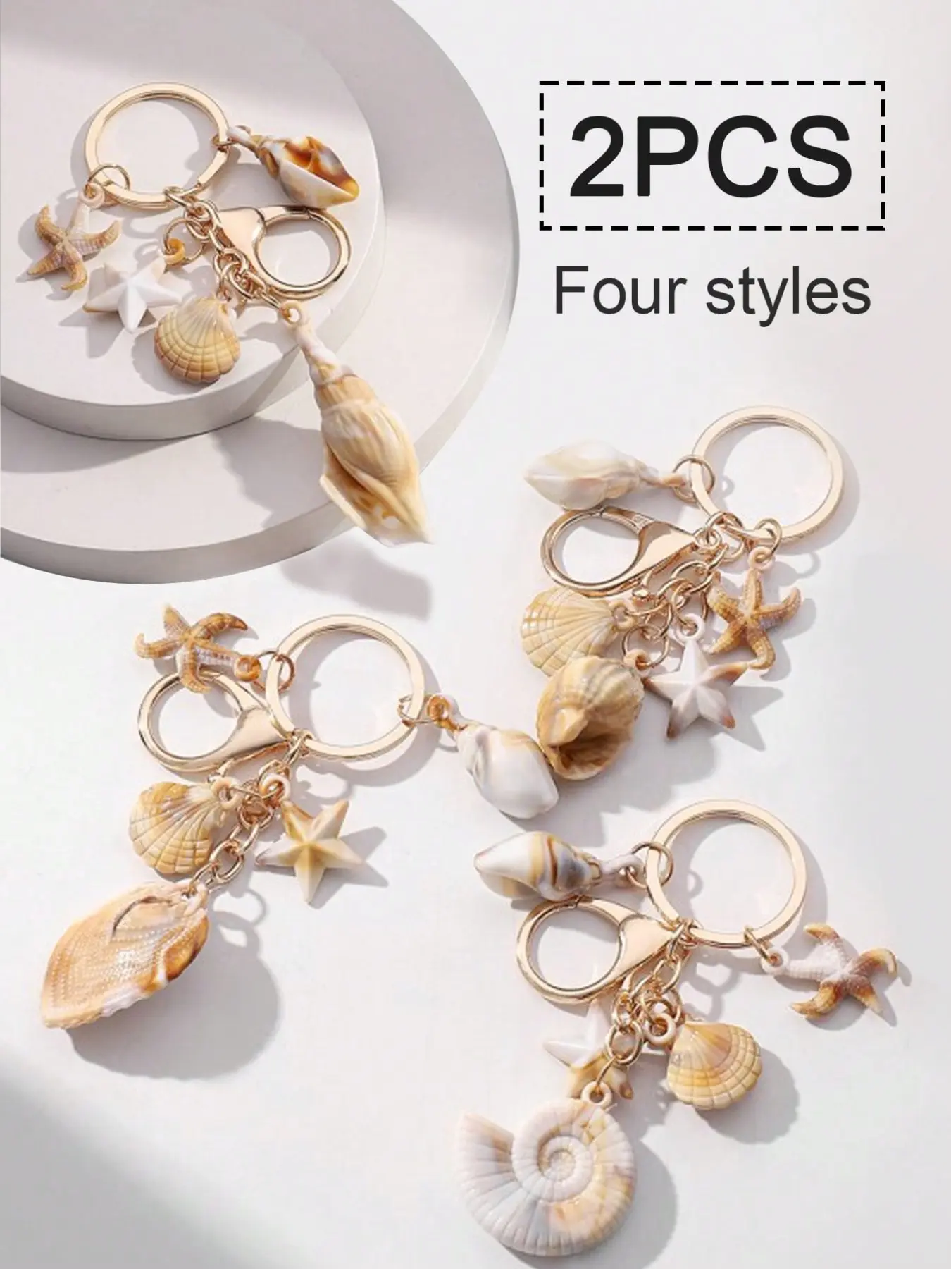 Natural Dual Color Shell Keychain, Clouds, Shells, Starfish & Conch Pendants, Summer Beach Series, Ocean Style Keyring Gift