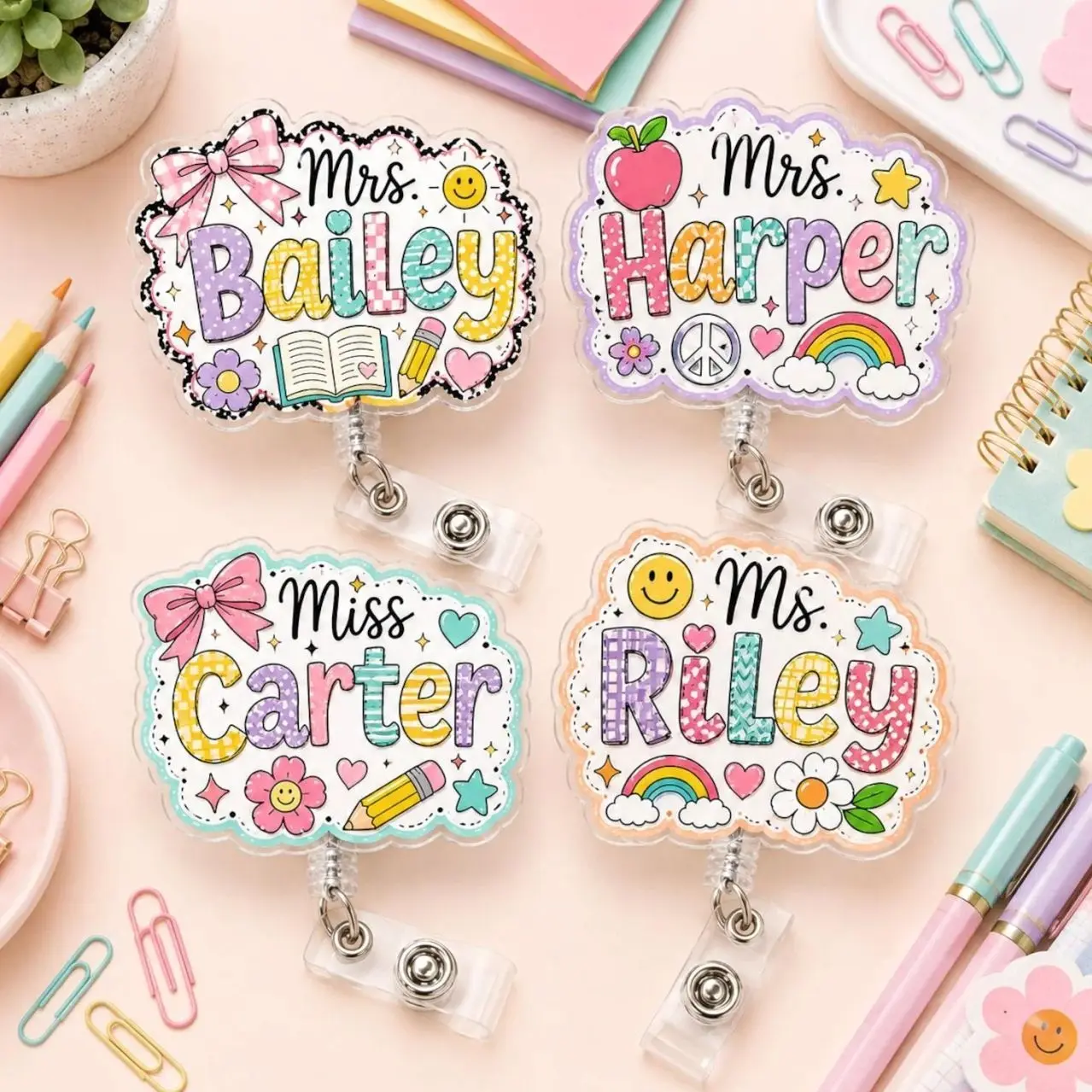 Personalized Doodle Teacher Badge Reel, Custom Name Acrylic Alligator Clip Badge Holder, Teacher Gift