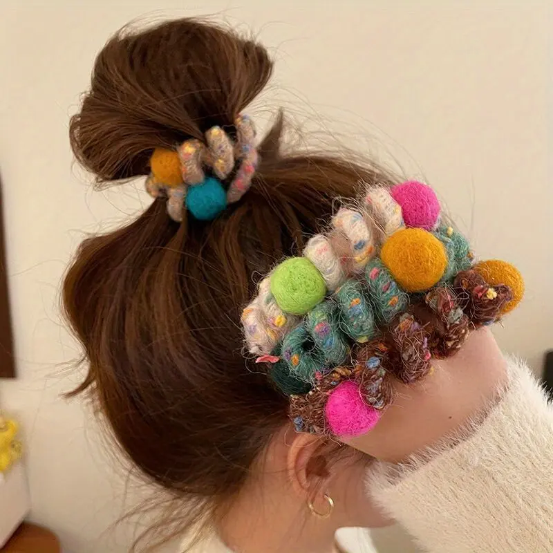 Women's 6-Piece Plush Rainbow Spiral Scrunchie Set - Fabric Telephone Cord Ponytail Holders, Colorful Hair Rings for Autumn Winter, Female Corded Hair Accessories