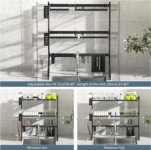 TOOLF Over The Sink Dish Drying Rack, Adjustable Length(29.4"-37.4") Height, 3 Tier Large Capacity Dish Rack, Sink Organize Stand Shelf, Kitchen Counter Supplies Storage for Plates Bowls Pots, Black