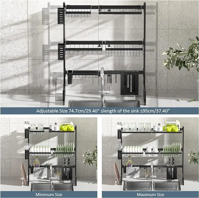 TOOLF Over The Sink Dish Drying Rack, Adjustable Length(29.4"-37.4") Height, 3 Tier Large Capacity Dish Rack, Sink Organize Stand Shelf, Kitchen Counter Supplies Storage for Plates Bowls Pots, Black
