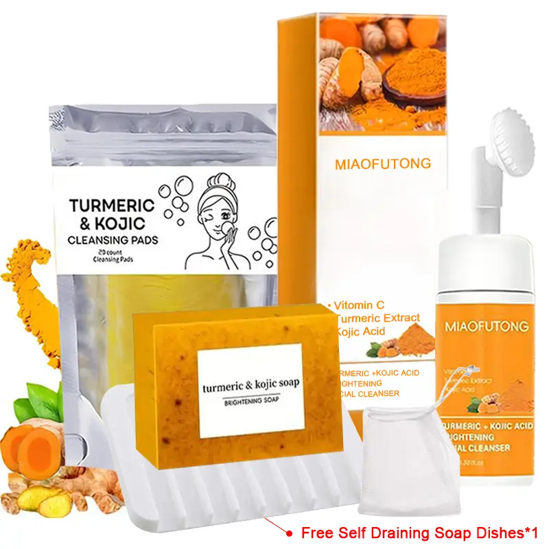 Turmeric 3-Piece Skincare Set - Gentle Cleansers for Skin Detox and a Fresh and Clean Feel, Includes Soap Bar, Foam & Pad for Adults