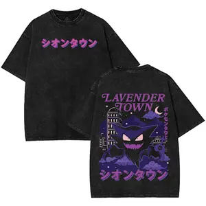 Vintage Washed Poketmon Gengar Graphic T-Shirt – Oversized Streetwear Cotton Tee with Anime Inspired Shadow Monster Print – Retro Harajuku Style Loose Fit Short Sleeve Top for Men and Women