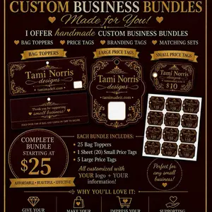 Tami Norris Designs Custom Business Bundle - 25 Bag Toppers, 1 Sheet of 20 Small Price Tags, 5 Large Price Tags, Handmade, Affordable, Beautiful, Effective