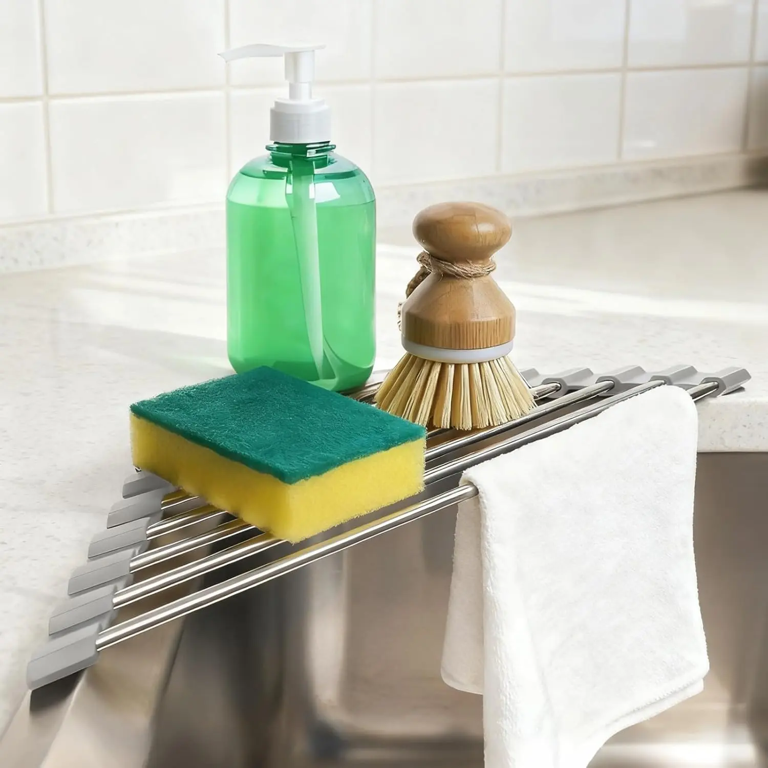 Triangle Dish Drying Rack, Sink Caddy for Top of Sink Rack, Stainless Steel Roll-Up Over The Sink Drainer, Foldable Sponge Holder for Kitchen Sink Organizer, Non-Slip Silicone, Space-Saving