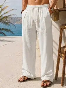 Men's Linen Casual Pants, Loose-Fit Drawstring Waist, Breathable Wide Leg Trousers, All-Season Plaid Pattern, Trendy Comfortable Suit