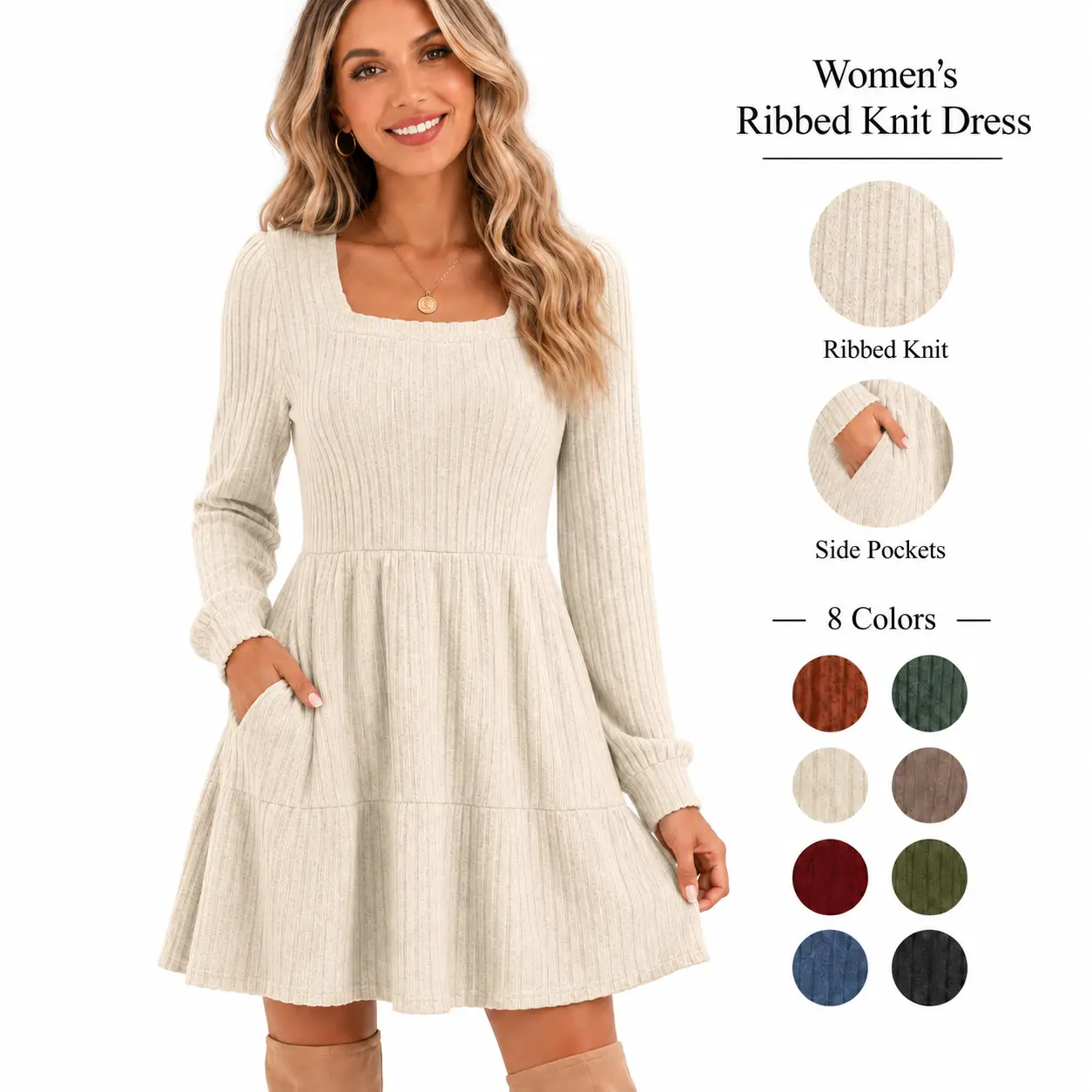 WIHOLL Womens Square Neck Long Sleeve Fall Dresses Casual Babydoll Sweater Dress