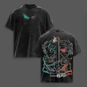 My Hero Academia Deku vs Bakugo "No Hero" Washed Vintage T-Shirt, Teal Orange Anime Graphic Print, Unisex Oversized Cotton Short Sleeve, Streetwear Tee for Men Women Teens, Grunge Aesthetic, Otaku Fan Gift