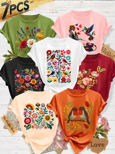 7Pcs Women's Crew Neck T-Shirts, Folk-Style Floral & Bird Series Print, Multiple Colors Available, Machine Washable, Spring & Summer Tops, Soft Skin-Friendly Fabric, Daily Versatile, Casual, Fashion Design