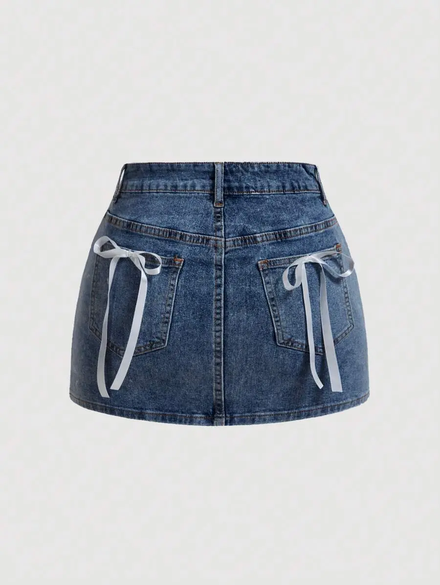TrendyJean Bow Decor Denim Mini Skirt High Waist Summer Women Fashion