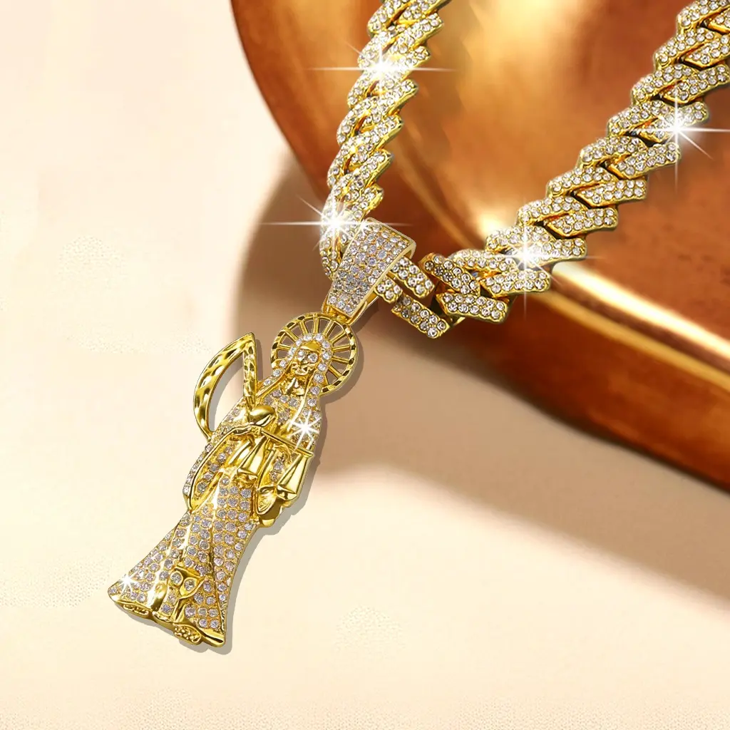 Hip Hop Grim Reaper Cuban Necklace Dark Streetwear Inspired Iced Out Charm Versatile Unisex Jewelry for Everyday Use