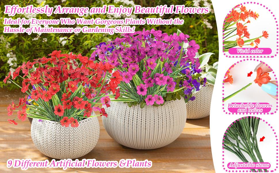 18 Bundles Artificial Flowers for Outdoors, UV Resistant Realistic Fake Summer Flowers with Faux Lavender Plants for Outside Porch Window Box Planters Home