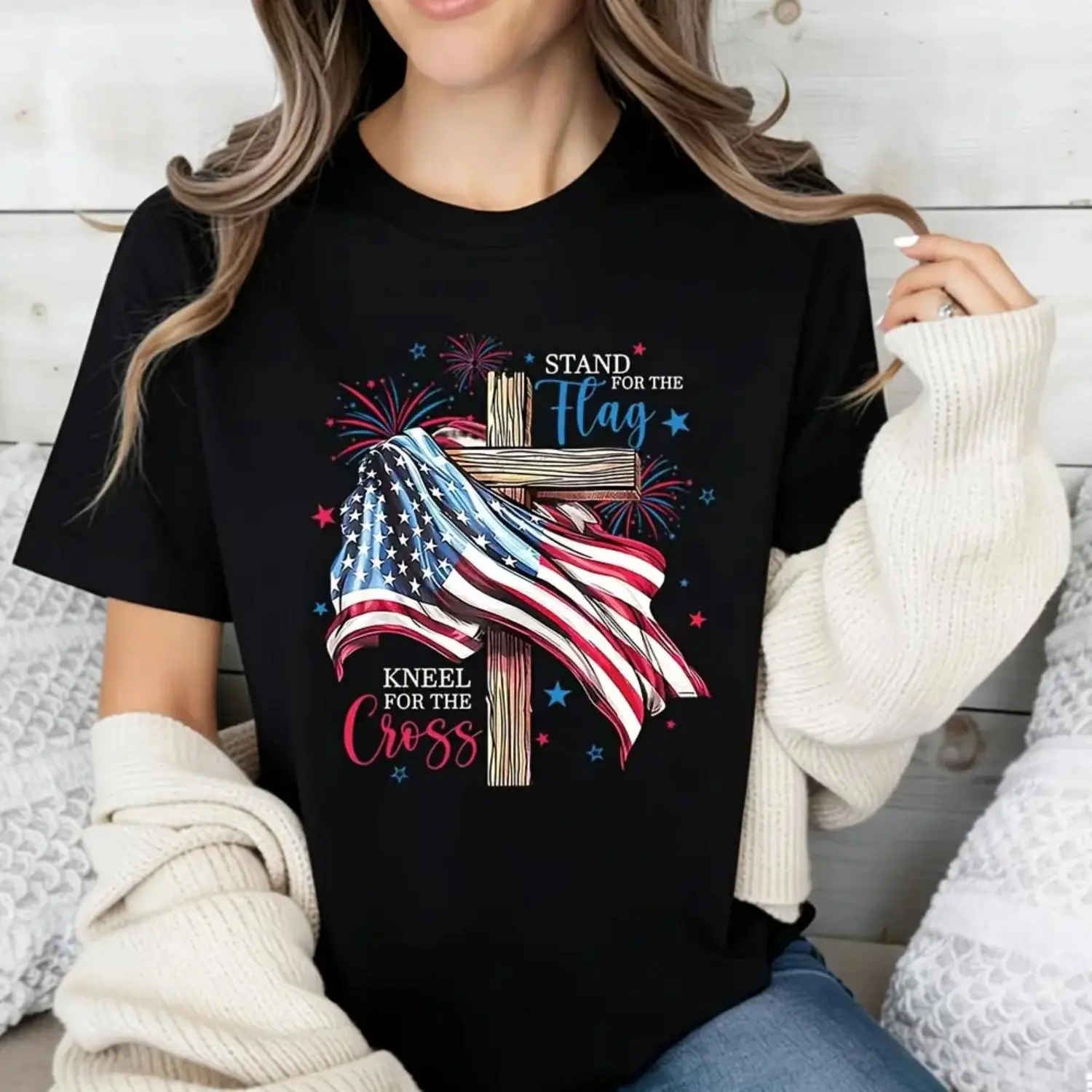 Patriotic Religious Design Women's T-Shirt Stand For The Flag Kneel For The Cross American Flag And Cross Print Summer Casual Wear Gift For Christian Women