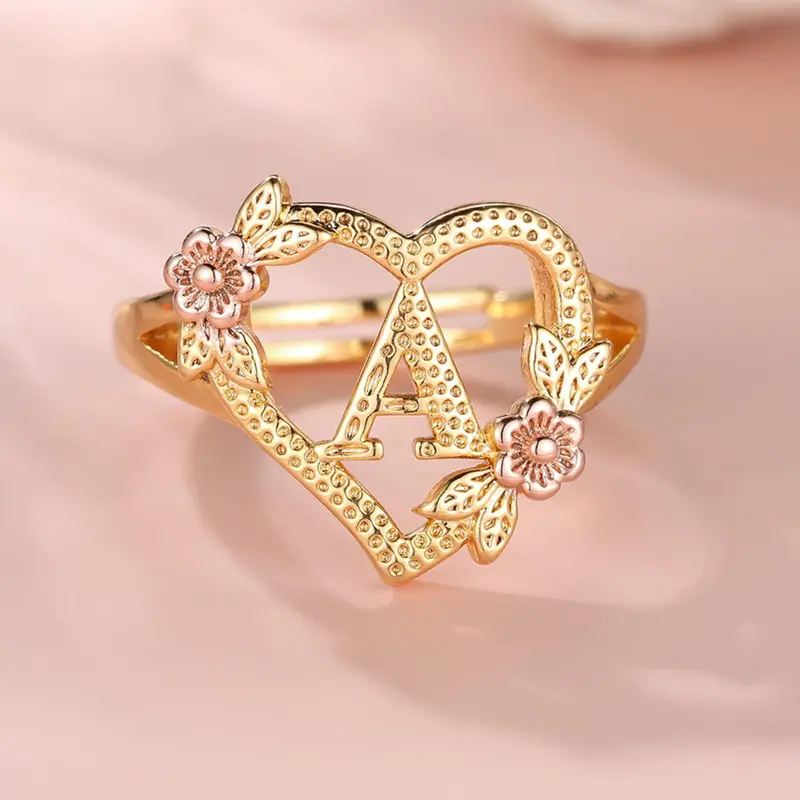 Mother's Day Gift 2024 Fashion Flower & Heart Design Copper Ring, Heart Shaped Ring for Girlfriend, Alphabet Design Ring for Women, Unique Rings Jewelry for Girlfriend for Back To School Fall, Valentine's Beautiful Rings