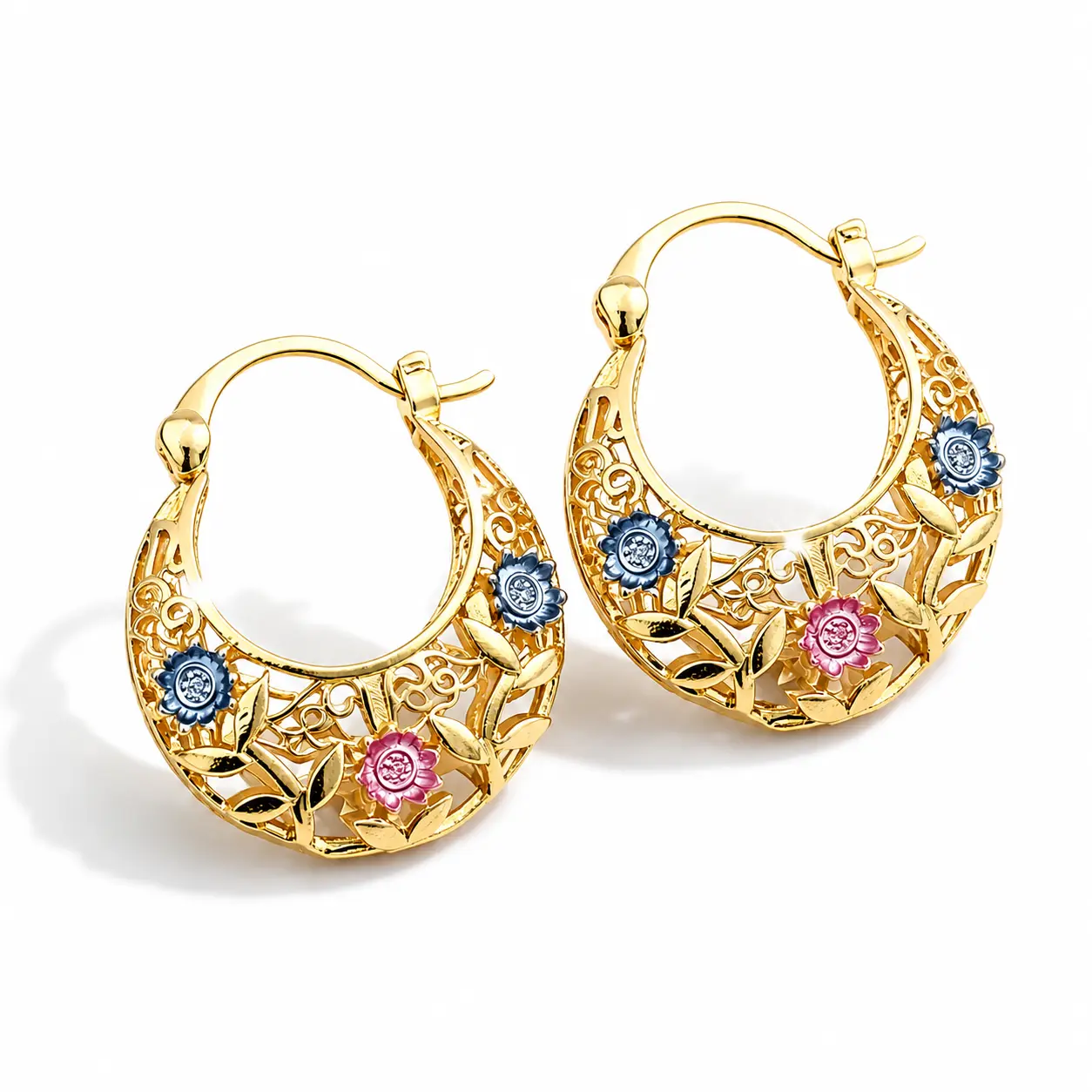 Golden Openwork Floral Hoop Earrings for Women, Y2K Colorful Flower Enamel Huggie Hoops, Vintage Statement Earrings, Fashion Ear Jewelry, Freak Gifts for Her