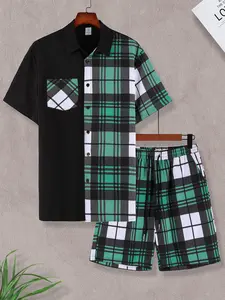Men's Plaid Contrast Home Loungewear 2-Piece Set, Pajama Set - Short-Sleeve Lapel Shirt (Asymmetric Plaid Panel + Plaid Pocket) + Elastic Waist Plaid Shorts, Lightweight Breathable Fabric, Relaxed Fit, Ideal for Lazy Weekend Lounging, At-Home Light Work