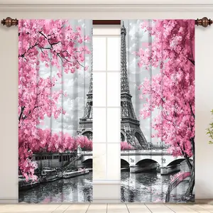 Modern Polyester Curtain Rod Design Eiffel Tower Decorative Curtains, Romantic Cherry Blossom, Bedroom Living Room Kitchen Decoration