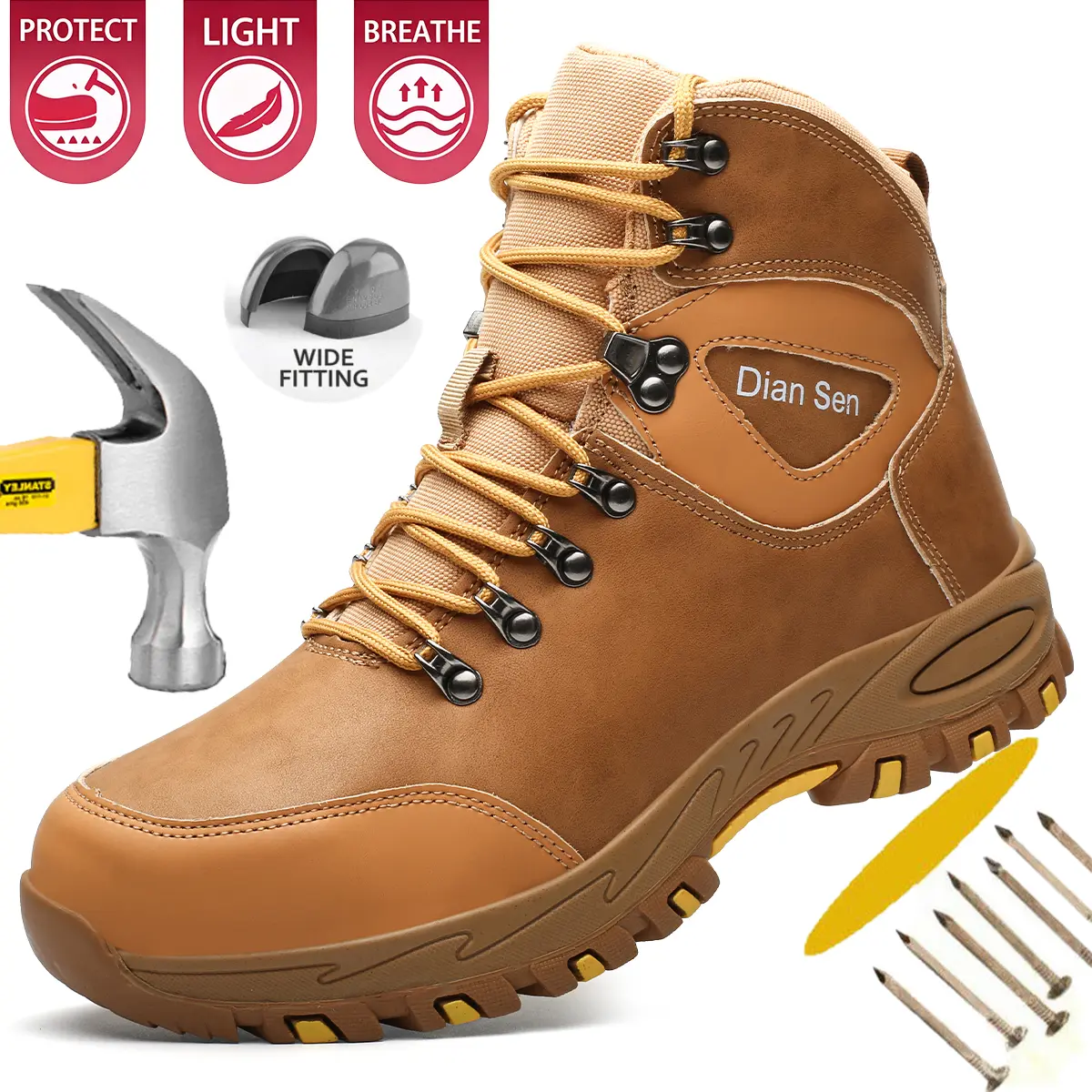 Men's Closed Steel Toe Safety Walking Shoes - Lightweight, Puncture-Resistant Work Boots with Breathable Mesh, Non-Slip Rubber Sole for Construction Workers, Footwear, Eva, Casual, Minimalist, Round Toe, Laces, Outdoor Shoes, Athletic, Puncture Proof, Mic