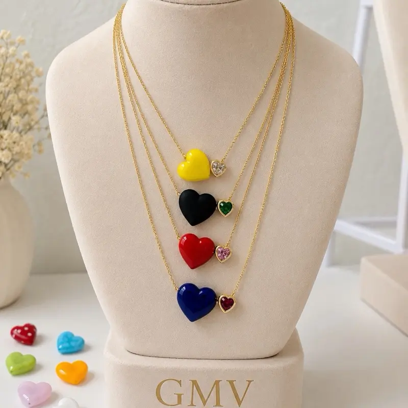 GMV Jewelry Corazones de Murano Necklaces 14k Gold Plated with Red & Turquesa, red, yellow, orange, pink, blue, green  Non-Tarnish Material, Colorful Natural Stones, Everyday Wear Necklace