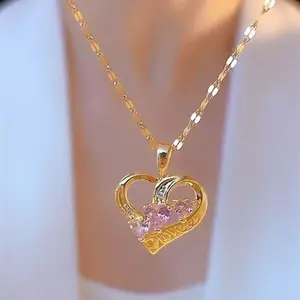 Perfect Everyday Accessory Gold Heart Pendant Necklace with Pink Stones and Chain for Women