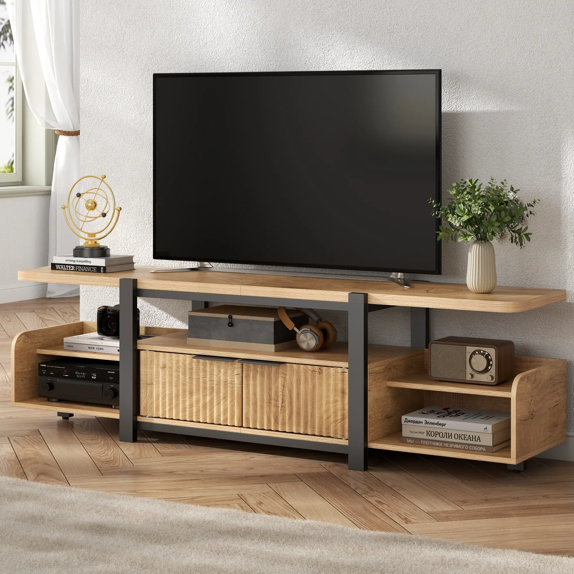 Gyfimoie Oak TV Stand with LED Lights and Storage cabinet for TVs up to 55"/65'', Modern Entertainment Center with  Open Shelf,TV Cabinet,Media Console Table with Fluted Doors