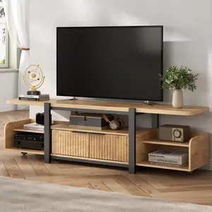 Oak TV Stand with LED Lights and Storage cabinet for TVs up to 55"/65'', Modern Entertainment Center with  Open Shelf,TV Cabinet,Media Console Table with Fluted Doors
