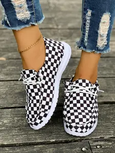Women's Fashionable Checkerboard Pattern Slip on Sneakers, Slip on Style, Casual Comfortable Breathable Lightweight Sports Shoes, Female All-match Round Toe Walking Shoes for Daily Wear, Girl