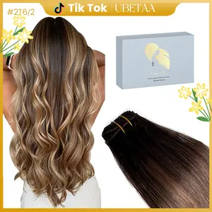 Dark Root Brown Ombre with Soft Highlights Sew In Extensions 24 Inch Real Human Hair Weft Extensions 120G Double Weft Remy Human Hair Bundles For Women Hand Tied Full Head Straight Hair Weaves