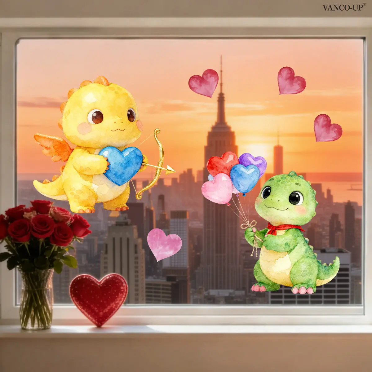 A set (30*30cm*2pcs) of Valentine's Day Dinosaur Heart Balloon Window Stickers, Static Cling Glass Stickers for Beautifying Holiday Home Window Decorations, Shop Window Decorations, Window Stickers D21406