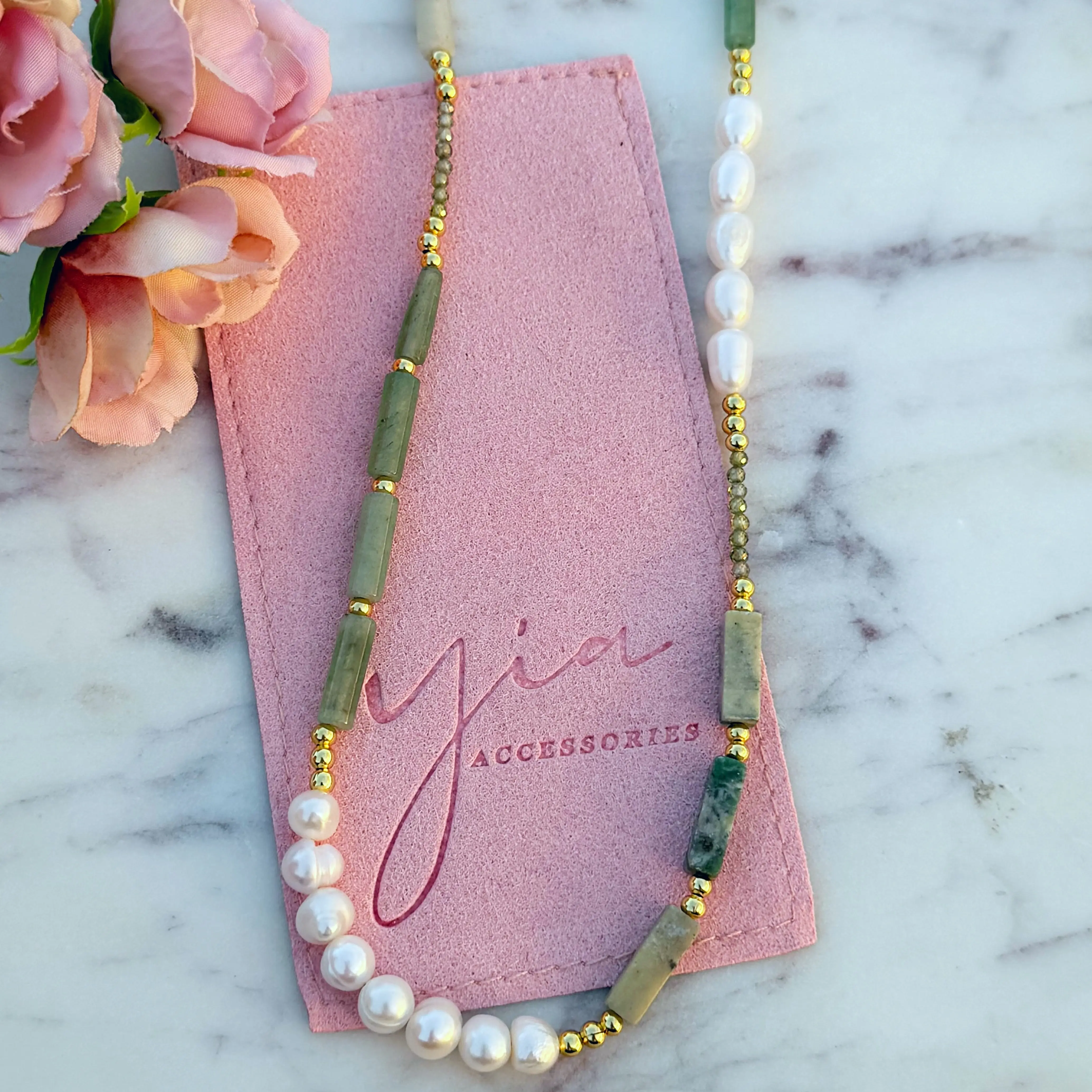 Dainty Jade Choker Necklace for Women with Freshwater Pearls, Gold Plated Energy Healing Stone Pendant, Adjustable 16 + 2 Inch Extension for Inner Peace, Daily Wear