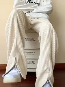 Men's Summer Corduroy Zipper Slit Wide Leg Pants, SolidColor Versatile Casual Sports Trousers