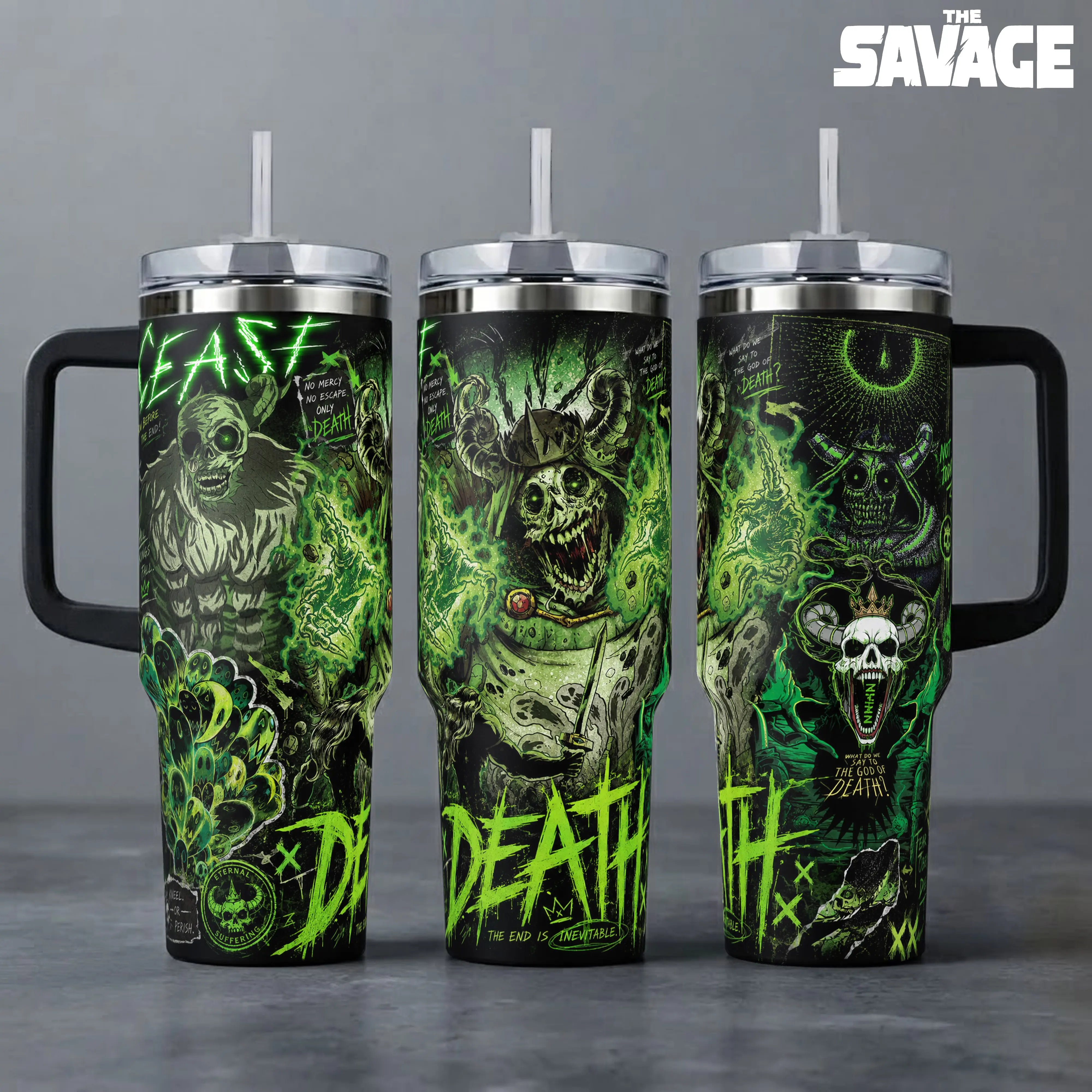 Death God Tumbler – The End Is Inevitable Skull Green Neon Gothic 40 20 oz Insulated Tumbler Stainless Steel Handle Straw Keeps Drinks Hot Cold Dark Fantasy Merch For Fans Drinkware Water Bottles Portable Bottled