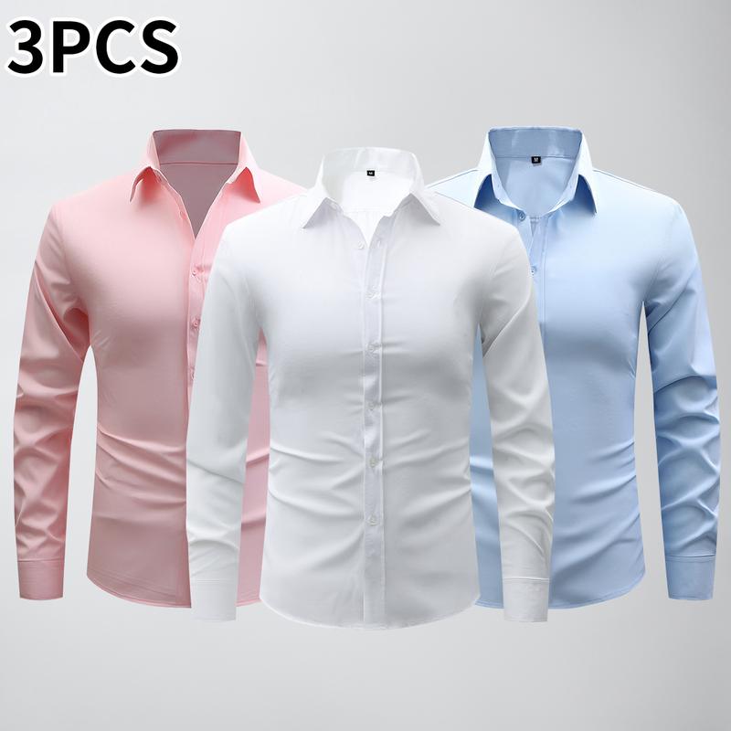 3-Pack Men's DressShirts 4-way Stretch Long SleeveCollared Solid Wedding Dating ButtonDown Shirts Business CasualBreathable Outfits Menswear Solid-color basics