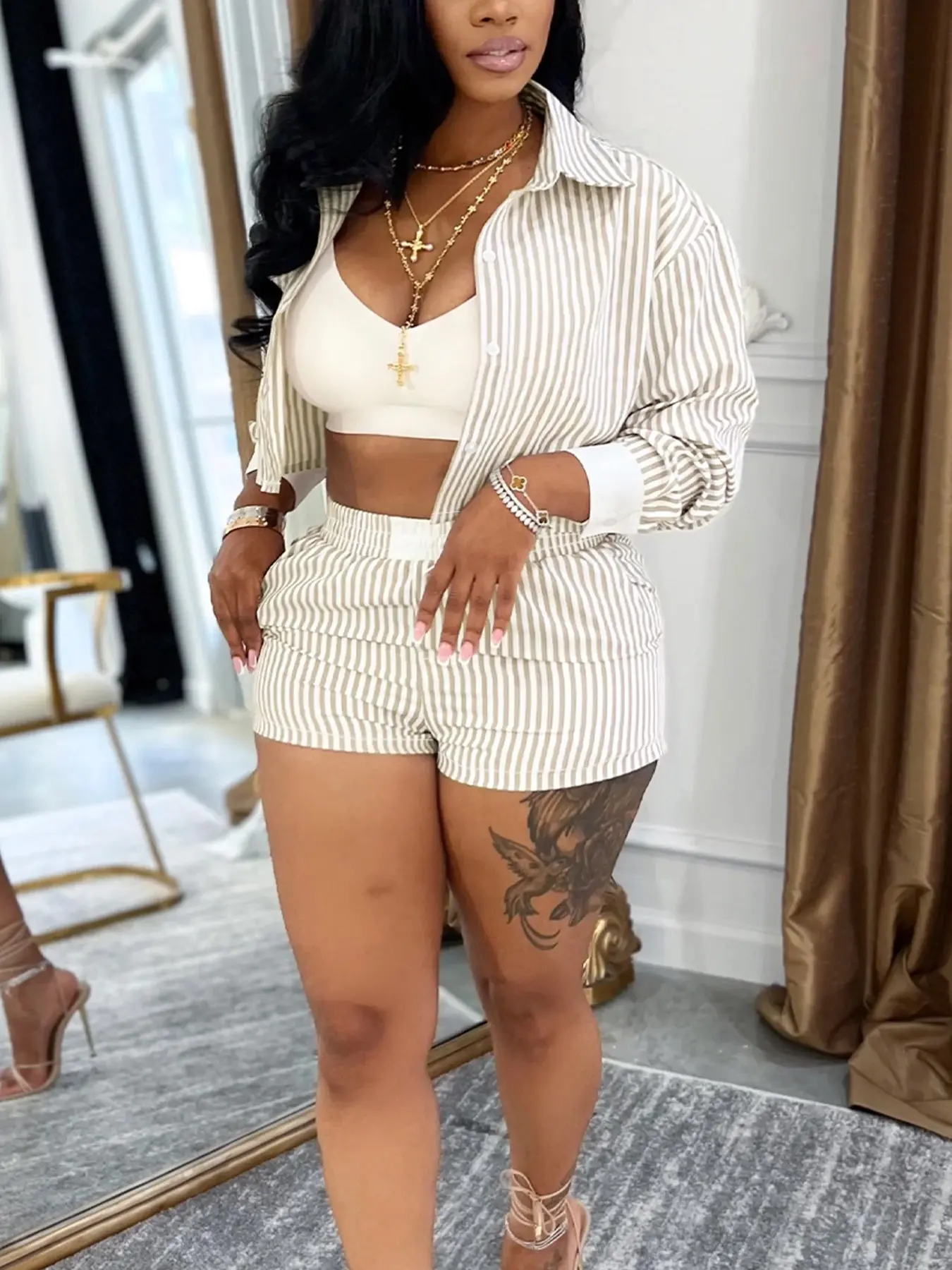 Women's H713 Cross-Border European Summer Casual Chic Lightweight Blazer Shirt Matching Set, Striped Long Sleeve Top & Shorts, Fashionable Office Wear Clothes